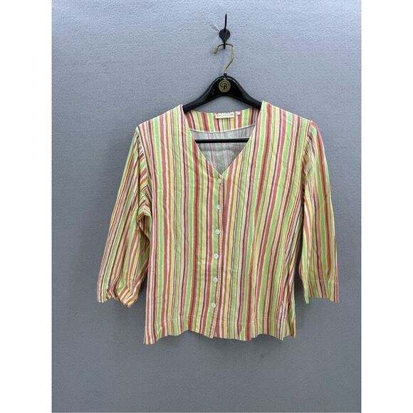 Lulu-B Womens Multicolor Striped V-Neck Button Down Cotton Blouse Size Large - Picture 1 of 7